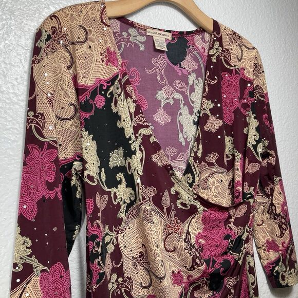 Y2K Top L Dark Paisley Floral Fairy Whimsigoth V-neck Faux Wrap Sparkle Dots - Picture 4 of 13